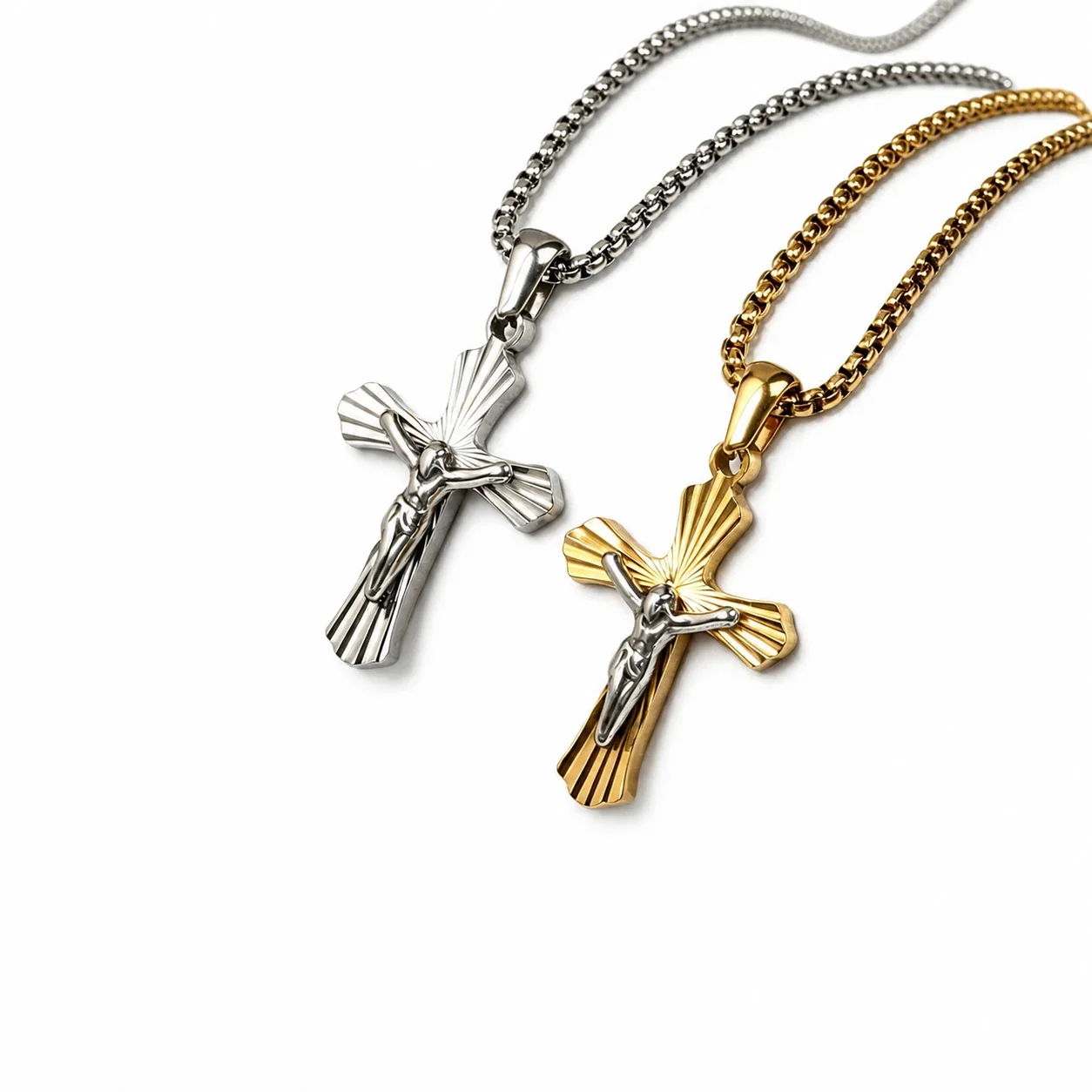 Radiant Gold-Plated Fluted Crucifix Pendant Necklace