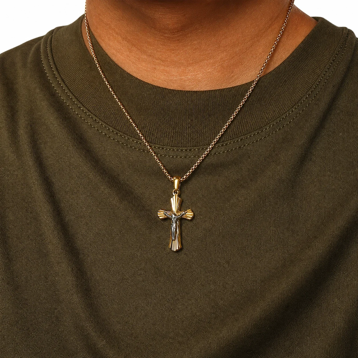 Radiant Gold-Plated Fluted Crucifix Pendant Necklace