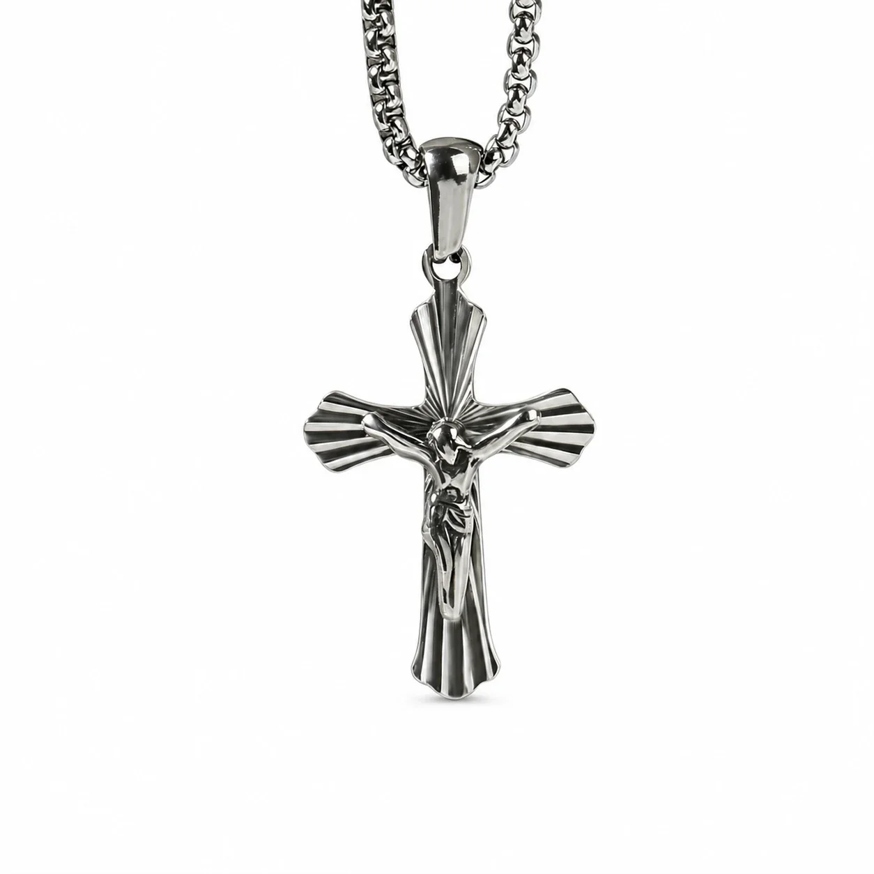Radiant Gold-Plated Fluted Crucifix Pendant Necklace - Silver Vertical Texture
