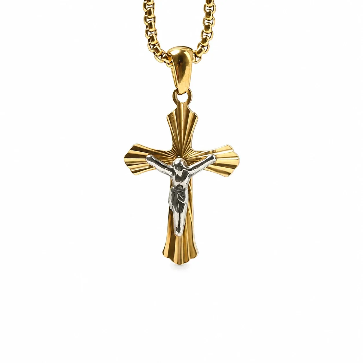 Radiant Gold-Plated Fluted Crucifix Pendant Necklace - Gold Vertical Texture