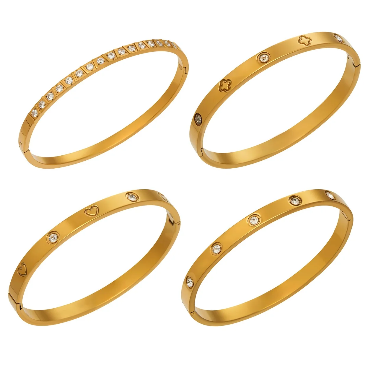 Polished Gold-Plated Stainless Steel Bezel CZ Motif Bangle
