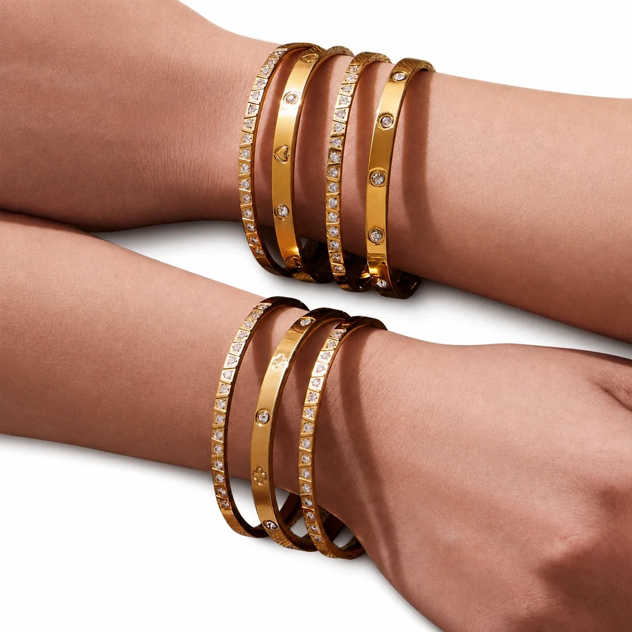 Polished Gold-Plated Stainless Steel Bezel CZ Motif Bangle