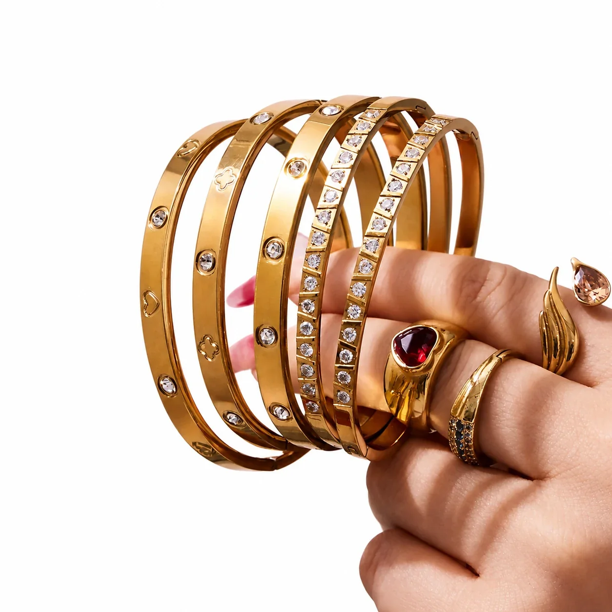 Polished Gold-Plated Stainless Steel Bezel CZ Motif Bangle