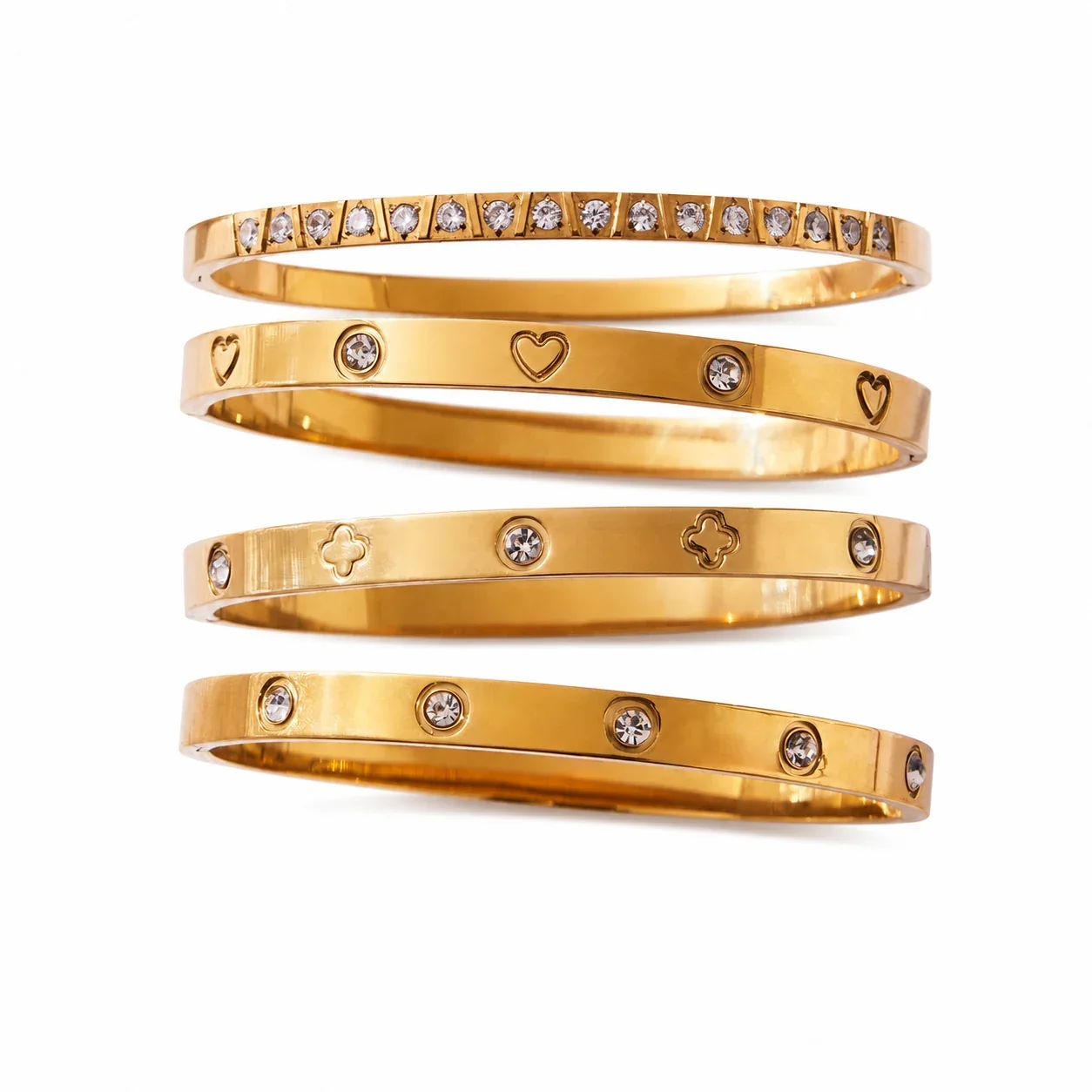 Polished Gold-Plated Stainless Steel Bezel CZ Motif Bangle