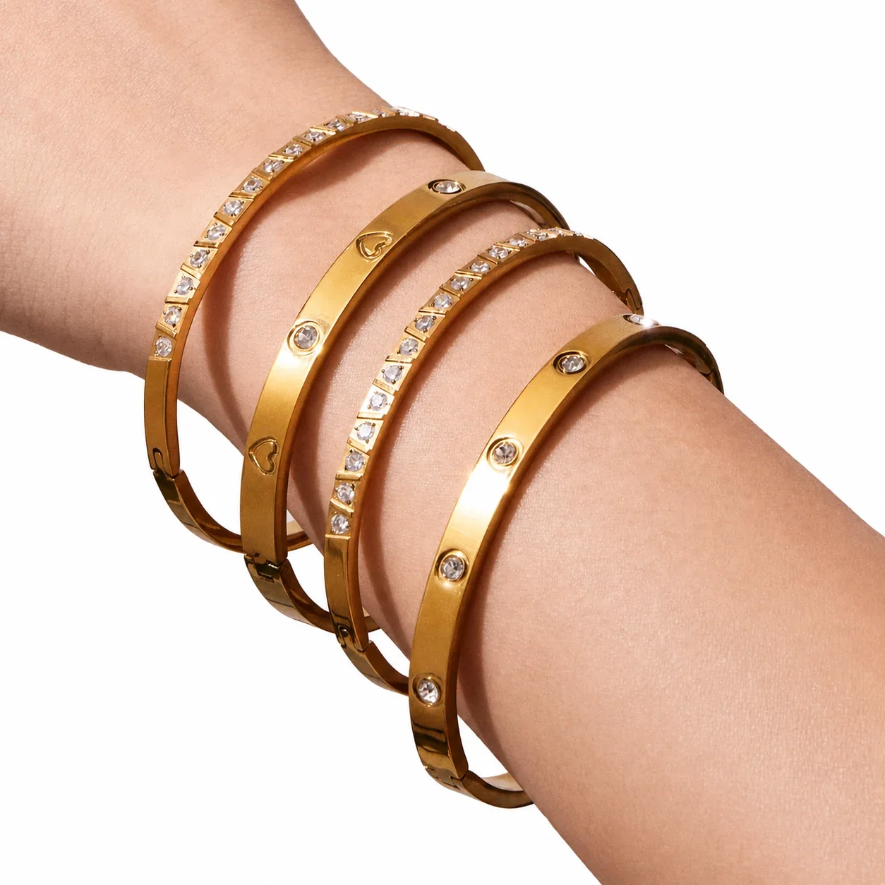 Polished Gold-Plated Stainless Steel Bezel CZ Motif Bangle