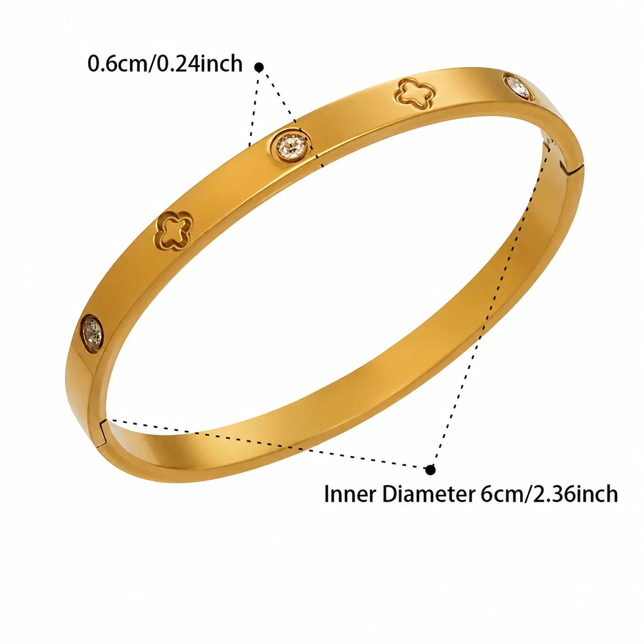 Polished Gold-Plated Stainless Steel Bezel CZ Motif Bangle - Gold Clover Motif