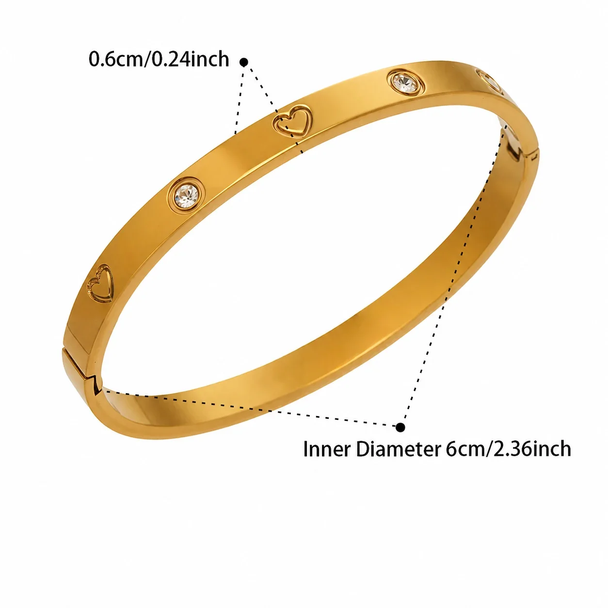 Polished Gold-Plated Stainless Steel Bezel CZ Motif Bangle - Gold Heart Motif