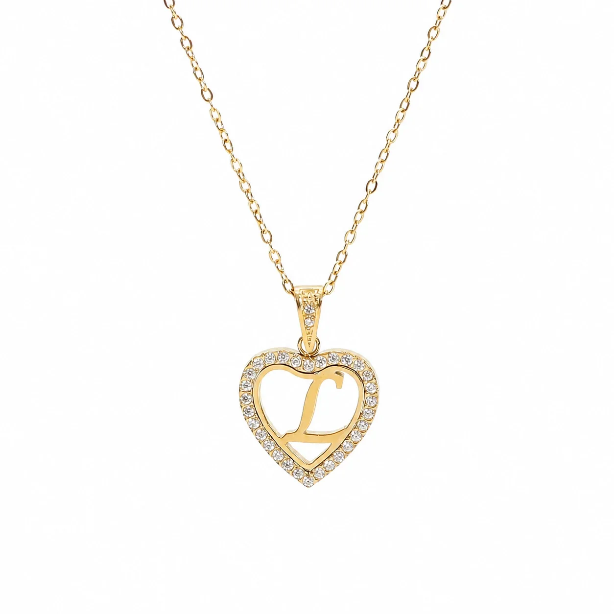 Personal 316 Stainless Steel CZ Heart Initial Necklace - Initial L