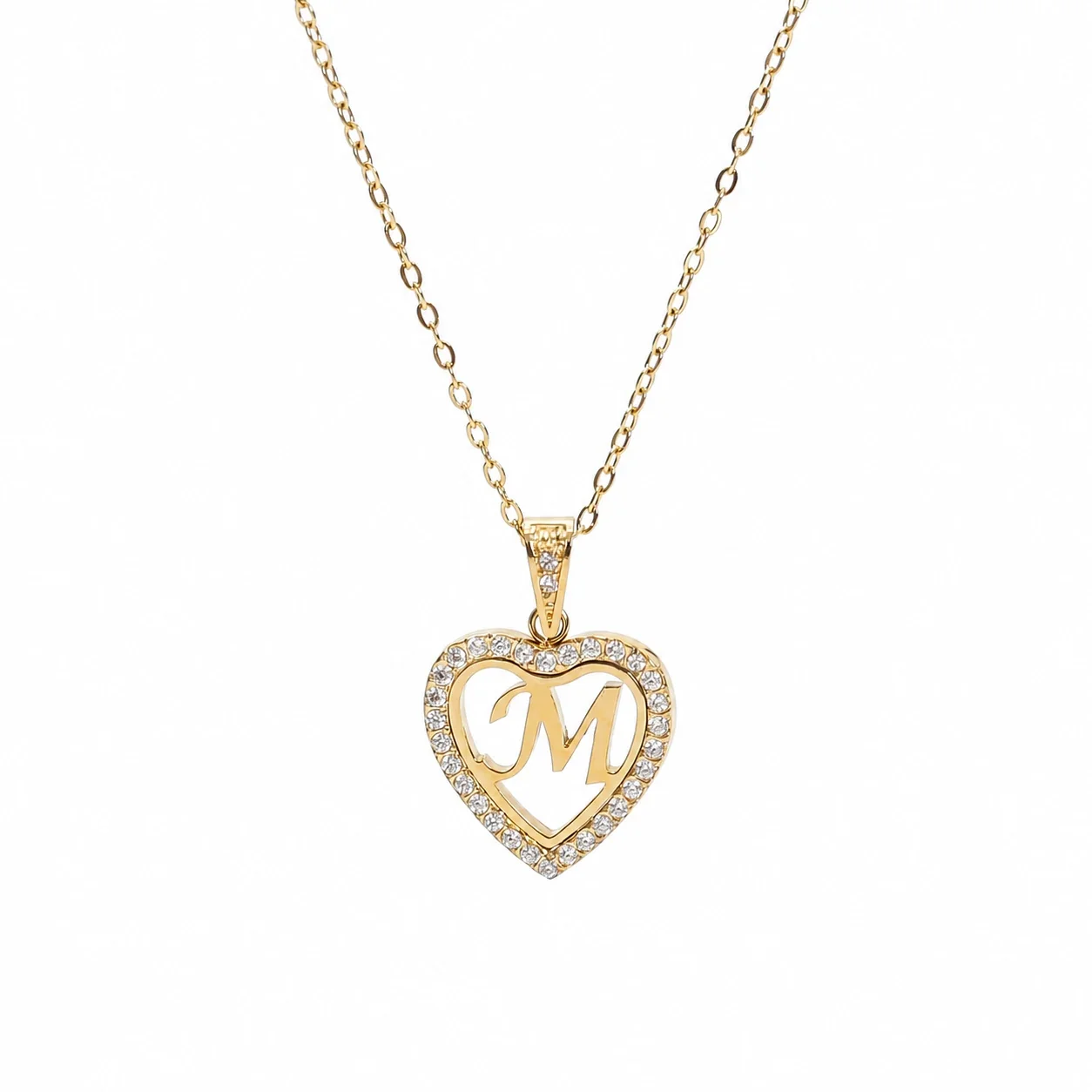 Personal 316 Stainless Steel CZ Heart Initial Necklace - Initial M