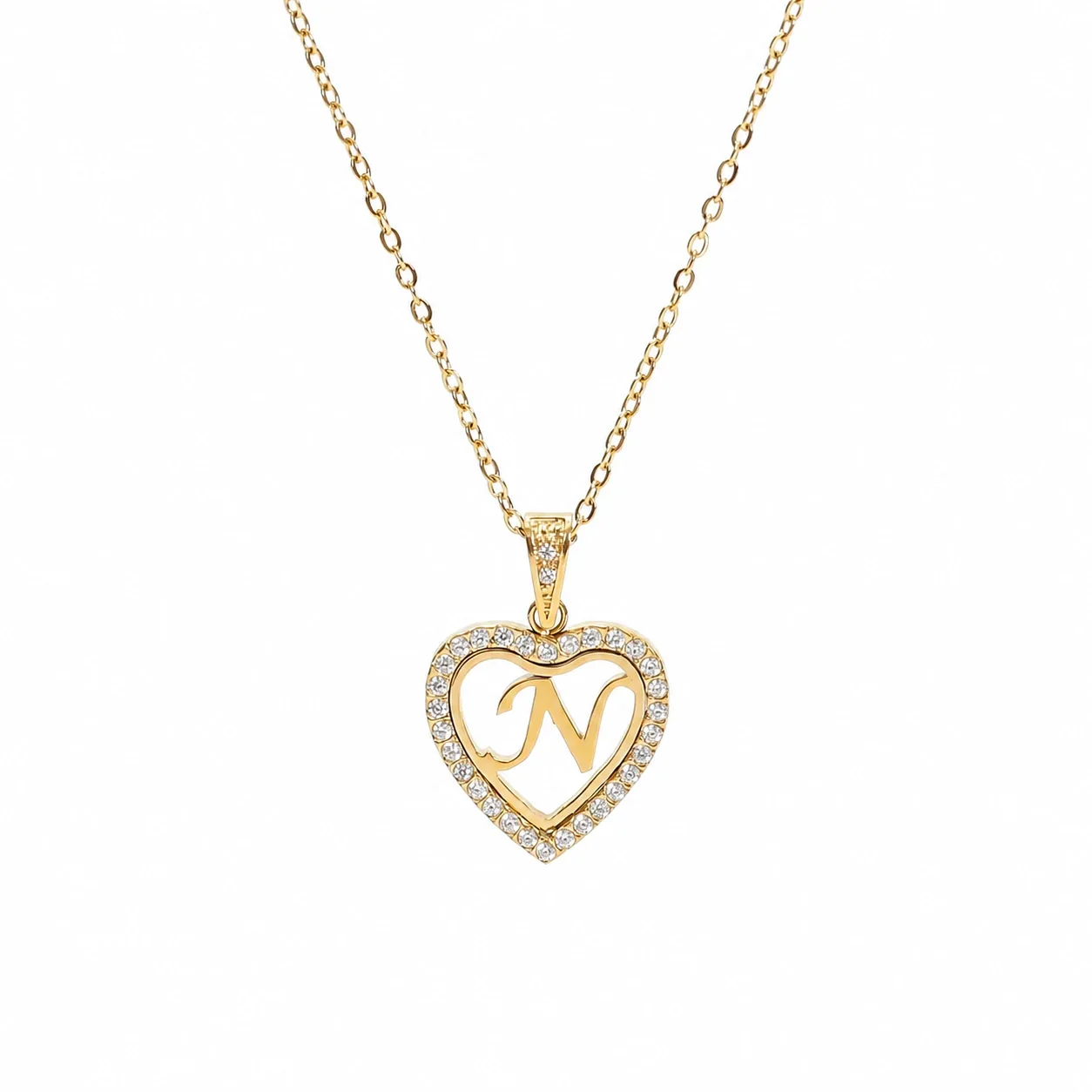 Personal 316 Stainless Steel CZ Heart Initial Necklace - Initial N