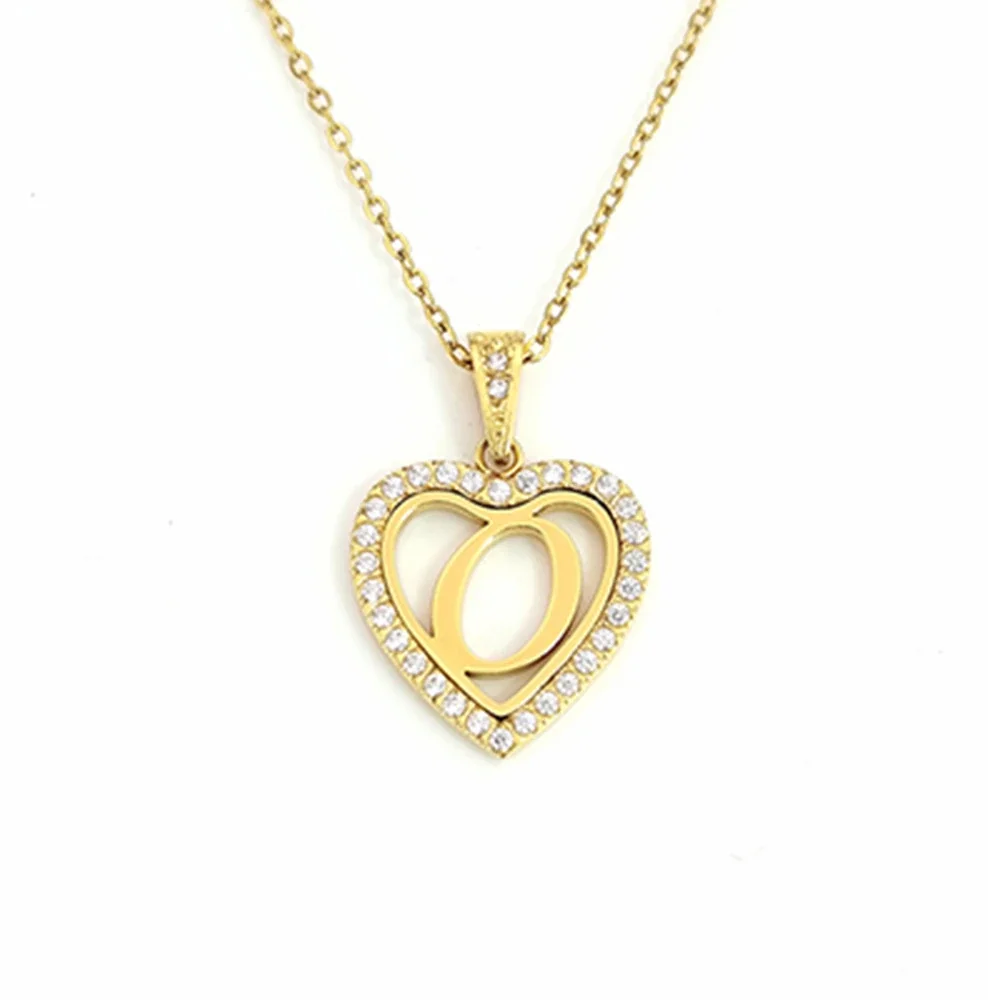 Personal 316 Stainless Steel CZ Heart Initial Necklace - Initial O