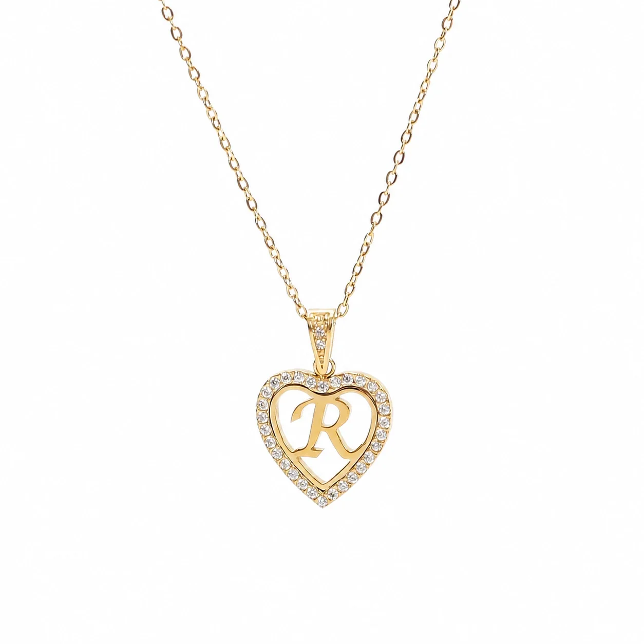 Personal 316 Stainless Steel CZ Heart Initial Necklace - Initial R