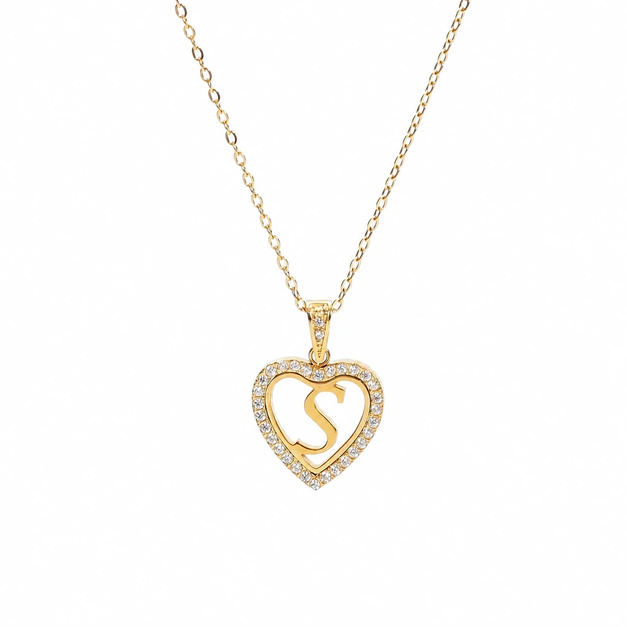 Personal 316 Stainless Steel CZ Heart Initial Necklace - Initial S