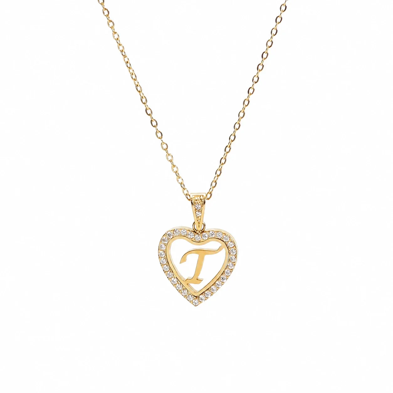 Personal 316 Stainless Steel CZ Heart Initial Necklace - Initial T