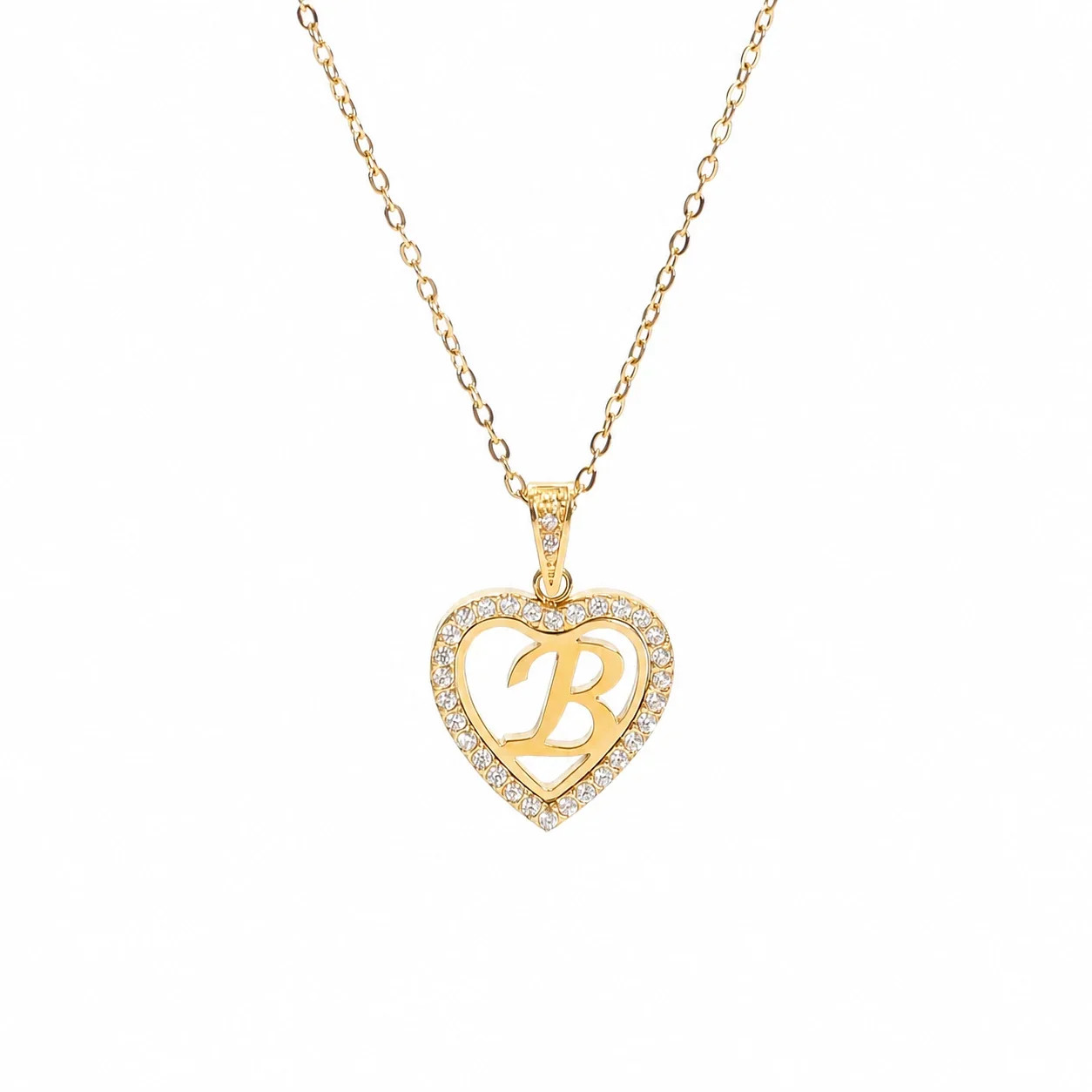 Personal 316 Stainless Steel CZ Heart Initial Necklace - Initial B