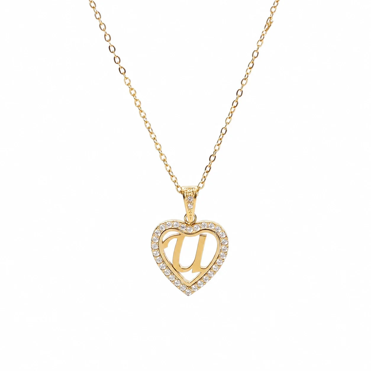 Personal 316 Stainless Steel CZ Heart Initial Necklace - Initial U