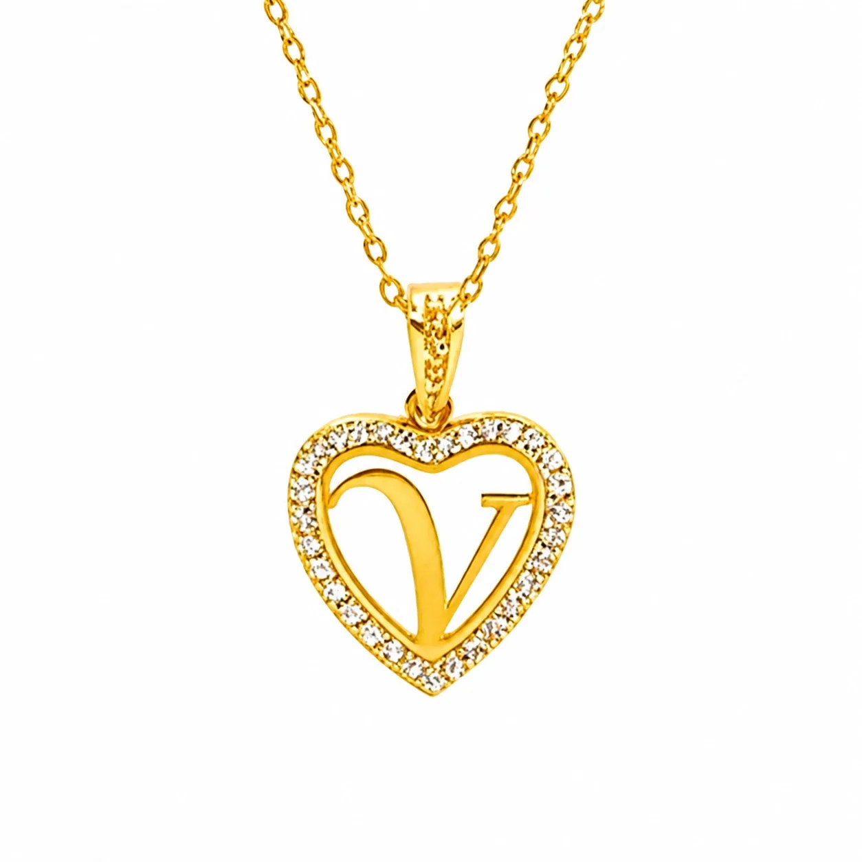 Personal 316 Stainless Steel CZ Heart Initial Necklace - Initial V