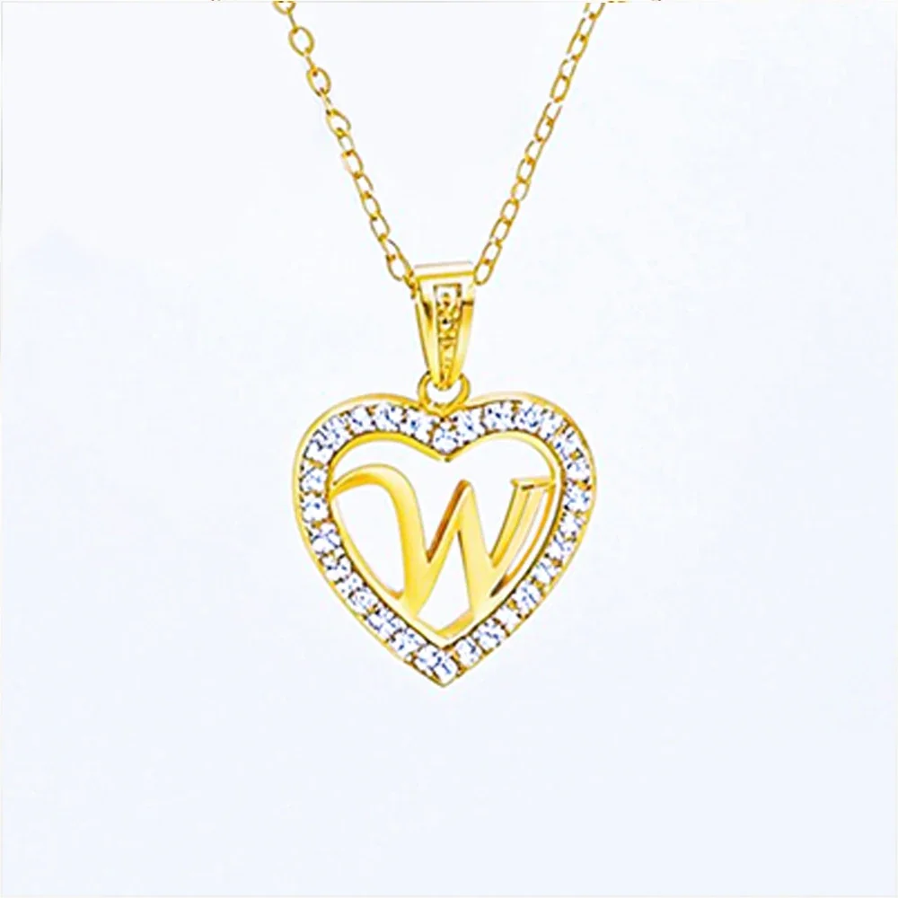 Personal 316 Stainless Steel CZ Heart Initial Necklace - Initial W