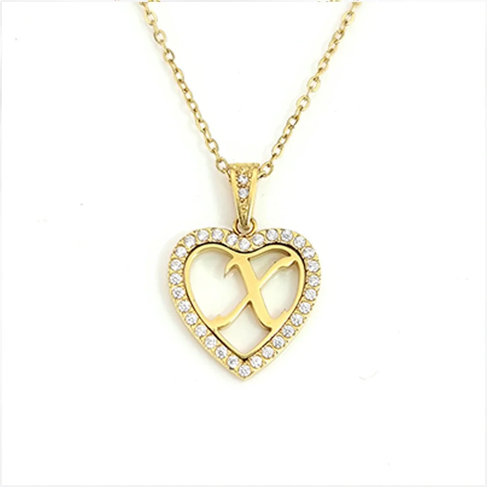 Personal 316 Stainless Steel CZ Heart Initial Necklace - Initial X