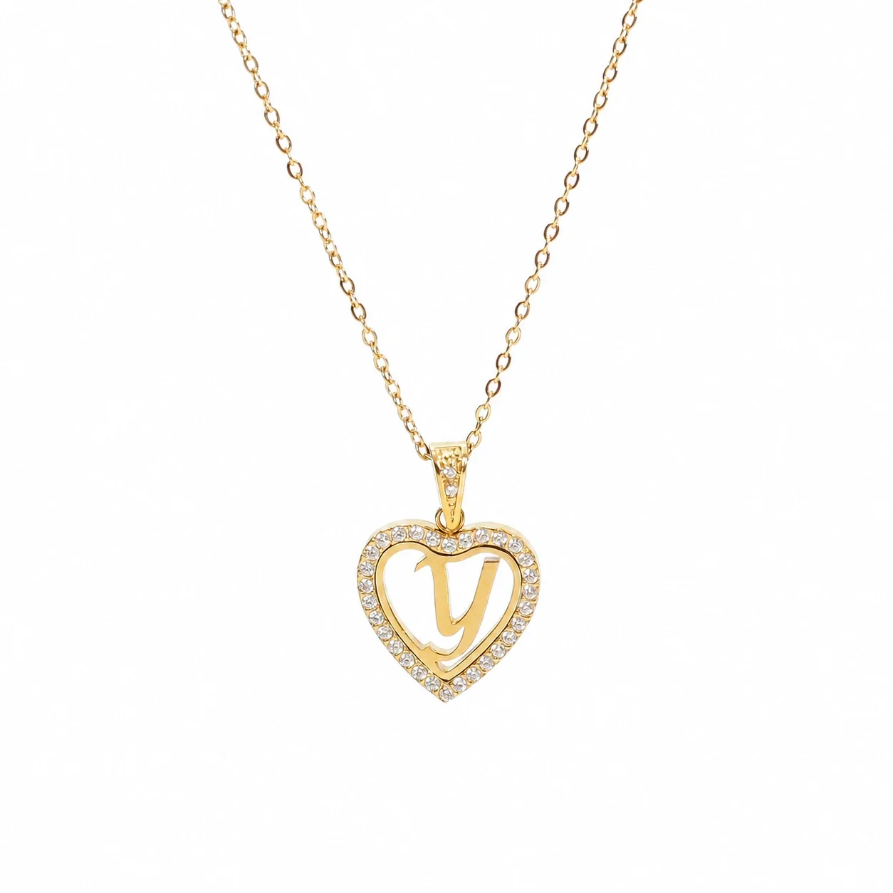 Personal 316 Stainless Steel CZ Heart Initial Necklace - Initial Y
