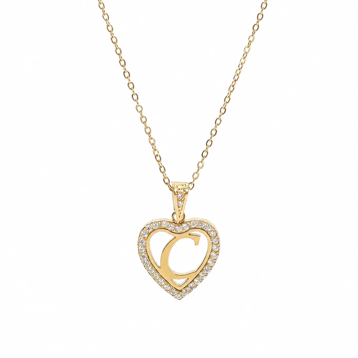 Personal 316 Stainless Steel CZ Heart Initial Necklace - Initial C