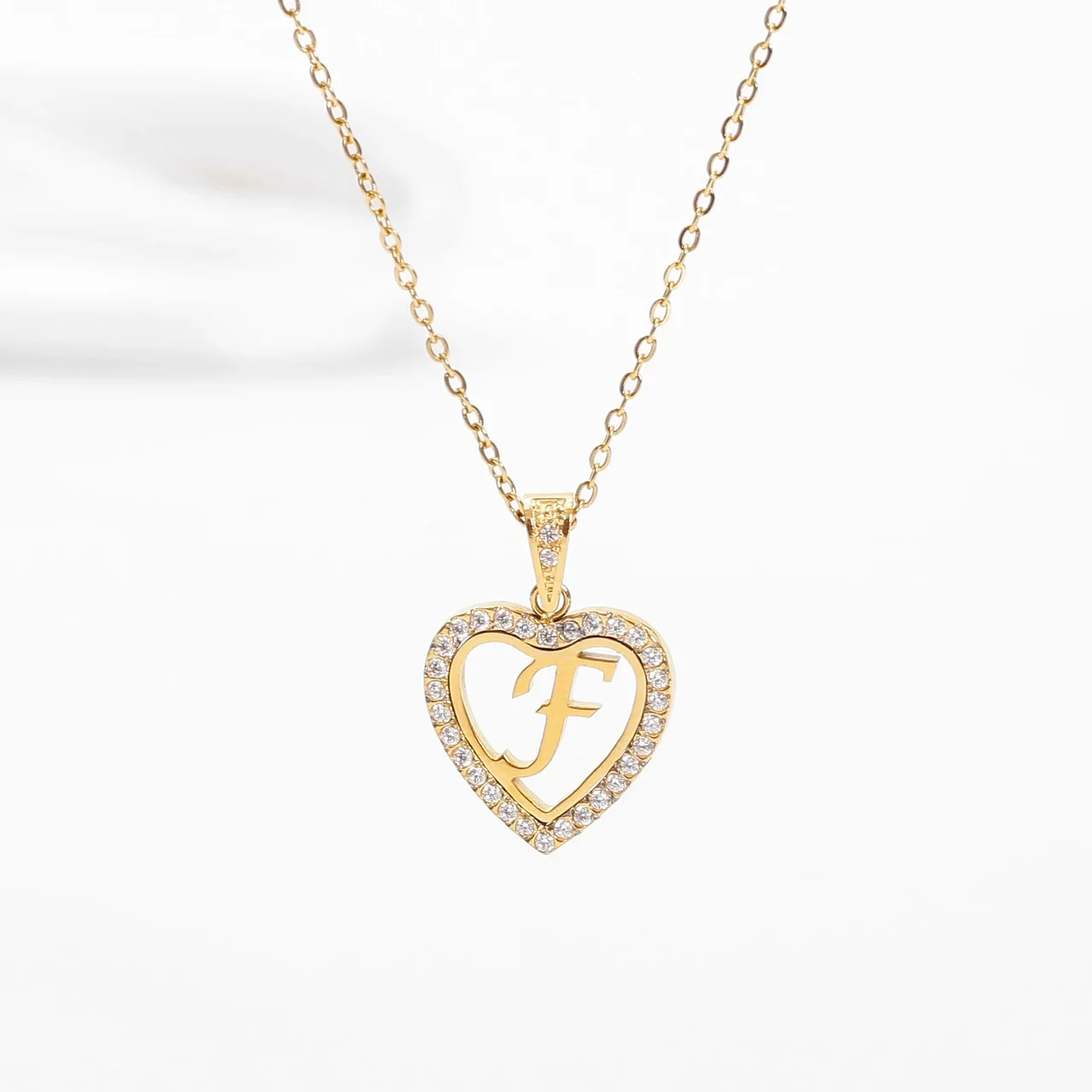 Personal 316 Stainless Steel CZ Heart Initial Necklace - Initial F