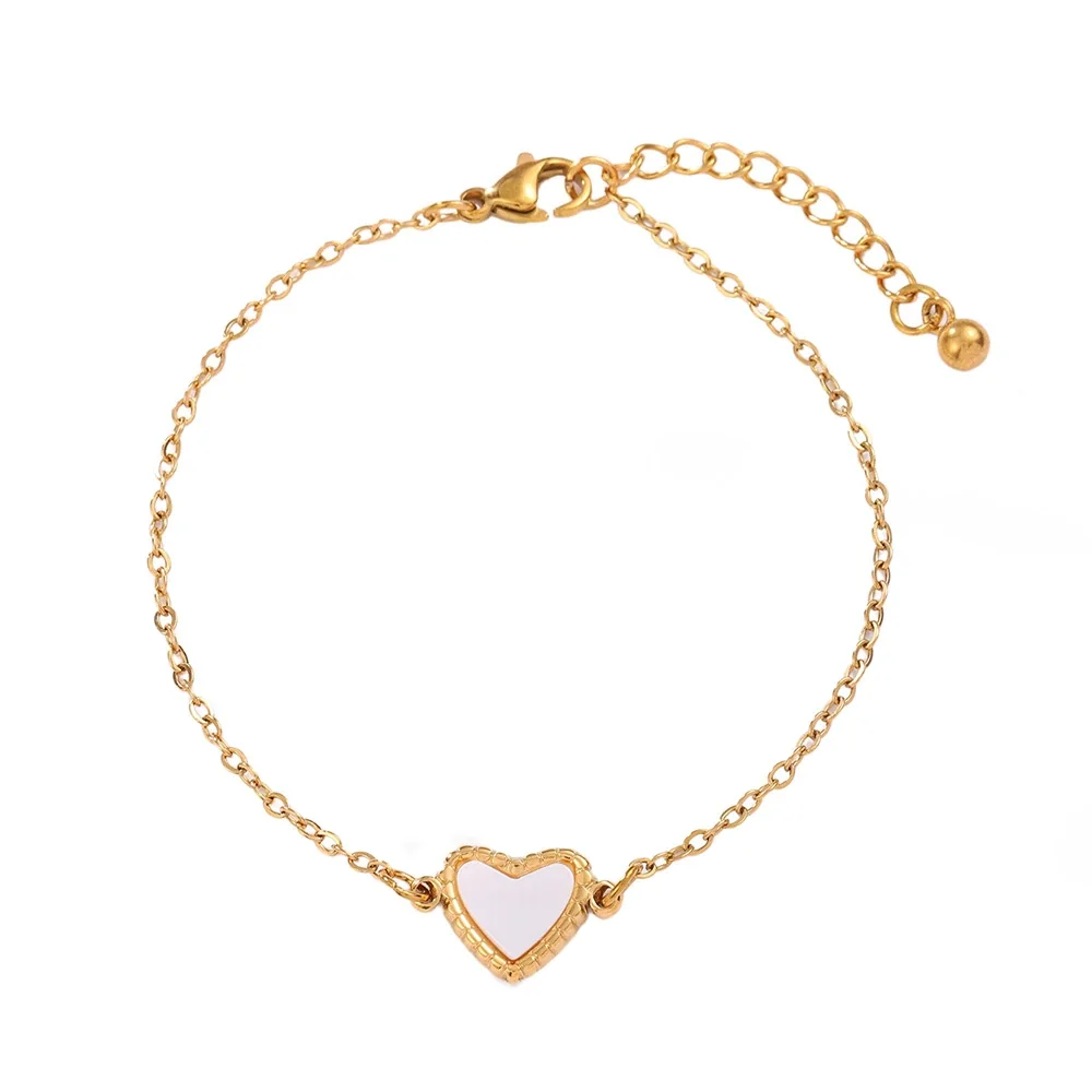 Pulseira com Incrustação de Coração Branco, Aço Inoxidável 316 Banhado a Ouro 18K