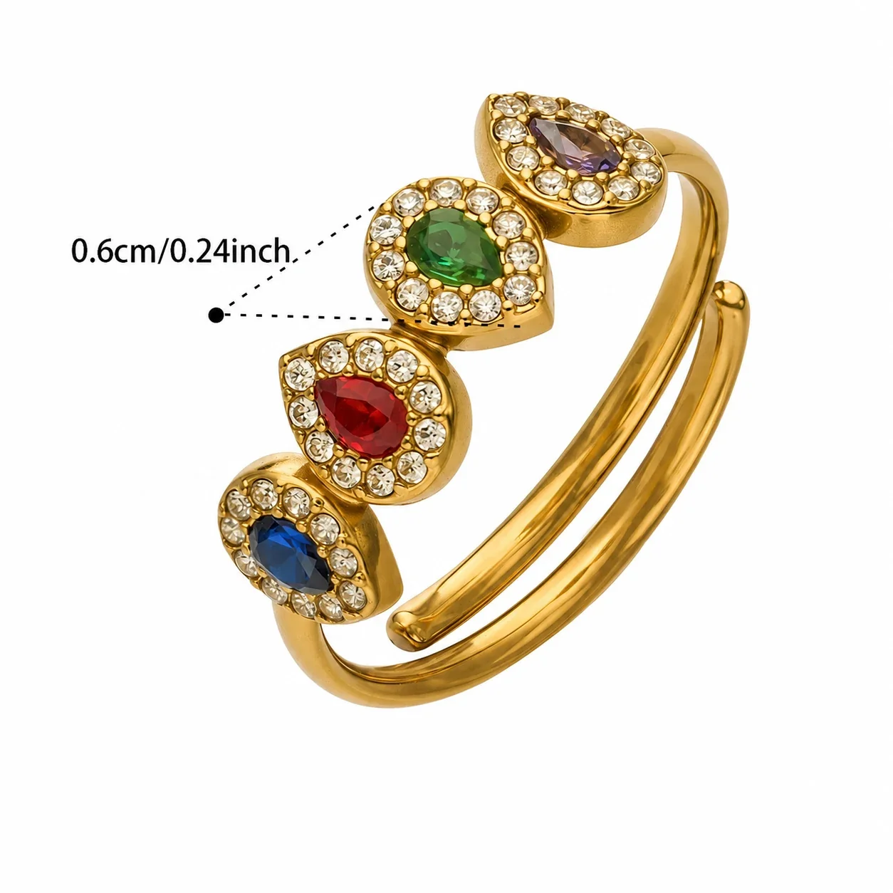 Playful 316 Stainless Steel Open-Front Pavé Motif Ring - A088 Gold Multicolor CZ