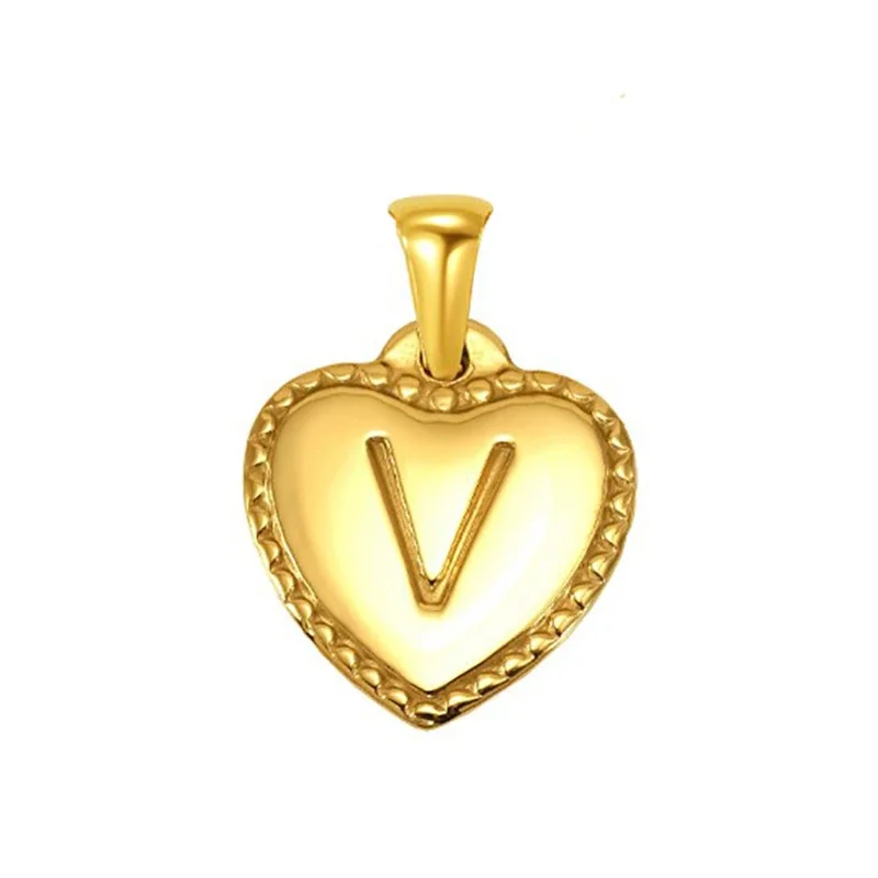 Polished Gold-Plated Heart Initial Pendant Necklace - Gold Initial V
