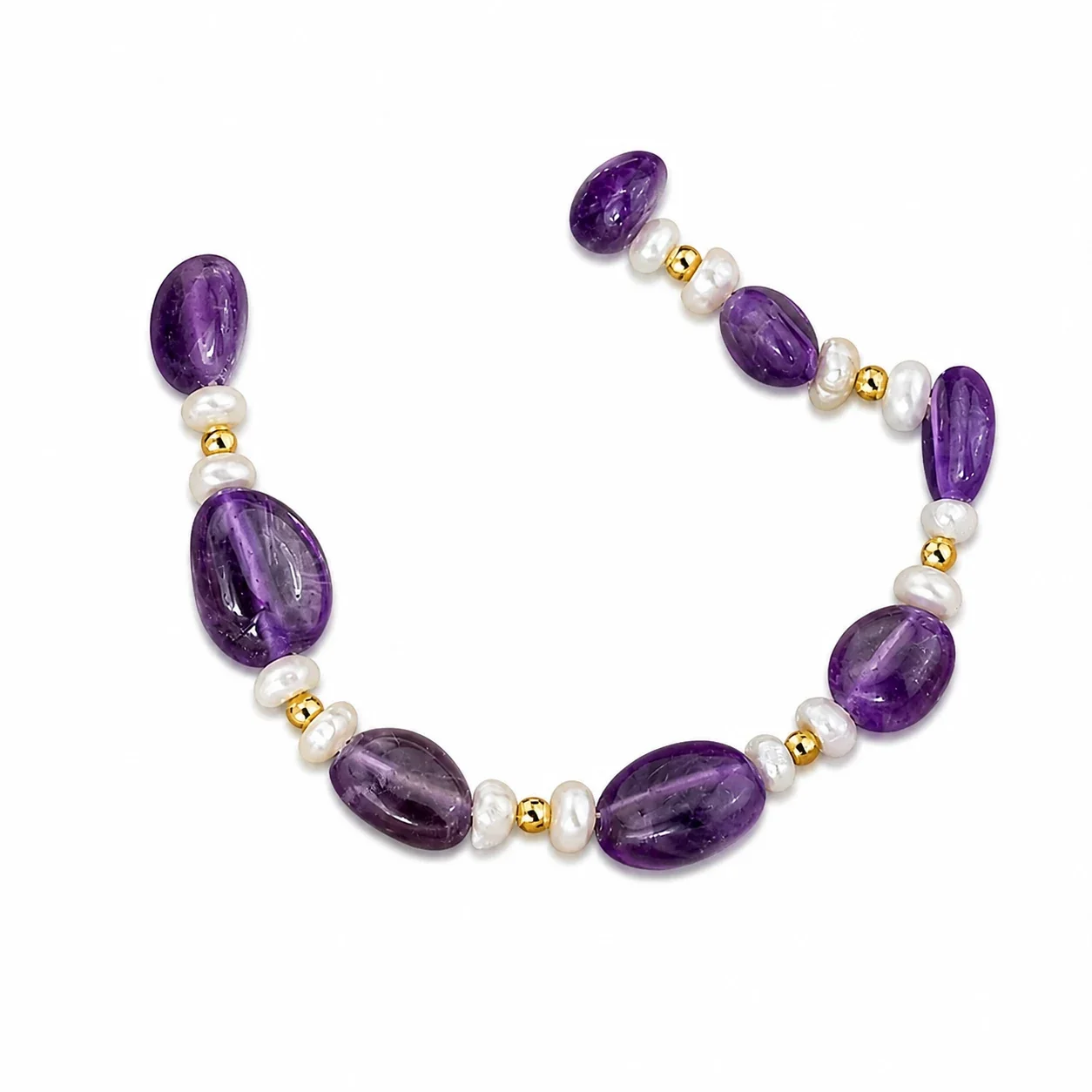 Artful Stainless Steel Purple Bead Pearl Bracelet - Gold Purple Amethyst Pearl Box