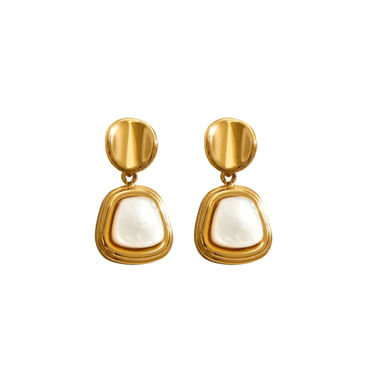 Polished Stainless Steel Round Stud Shell Inlay Drop Earrings