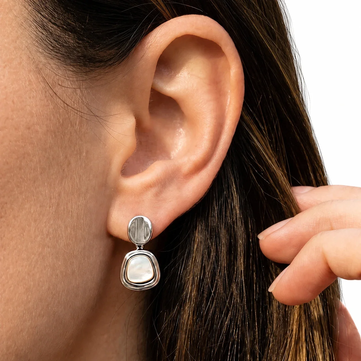 Polished Stainless Steel Round Stud Shell Inlay Drop Earrings
