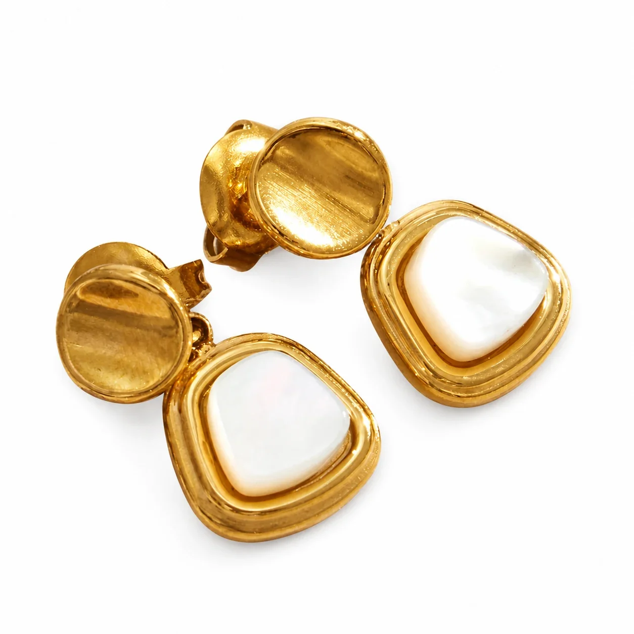 Polished Stainless Steel Round Stud Shell Inlay Drop Earrings