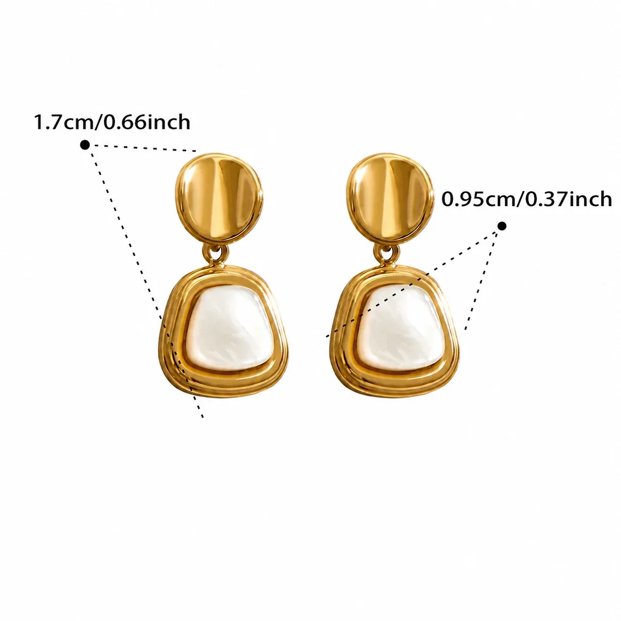 Polished Stainless Steel Round Stud Shell Inlay Drop Earrings - Gold