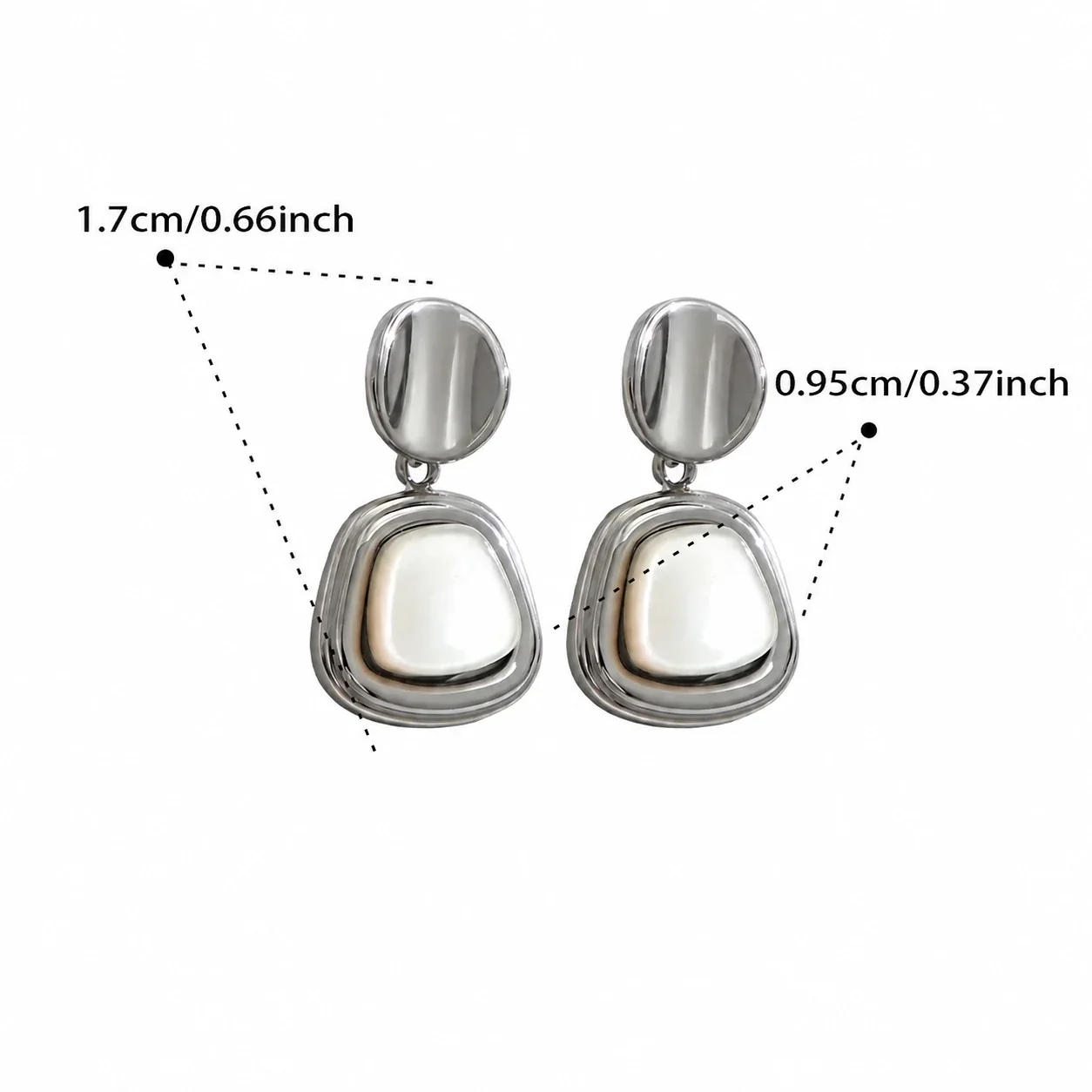 Polished Stainless Steel Round Stud Shell Inlay Drop Earrings - Silver