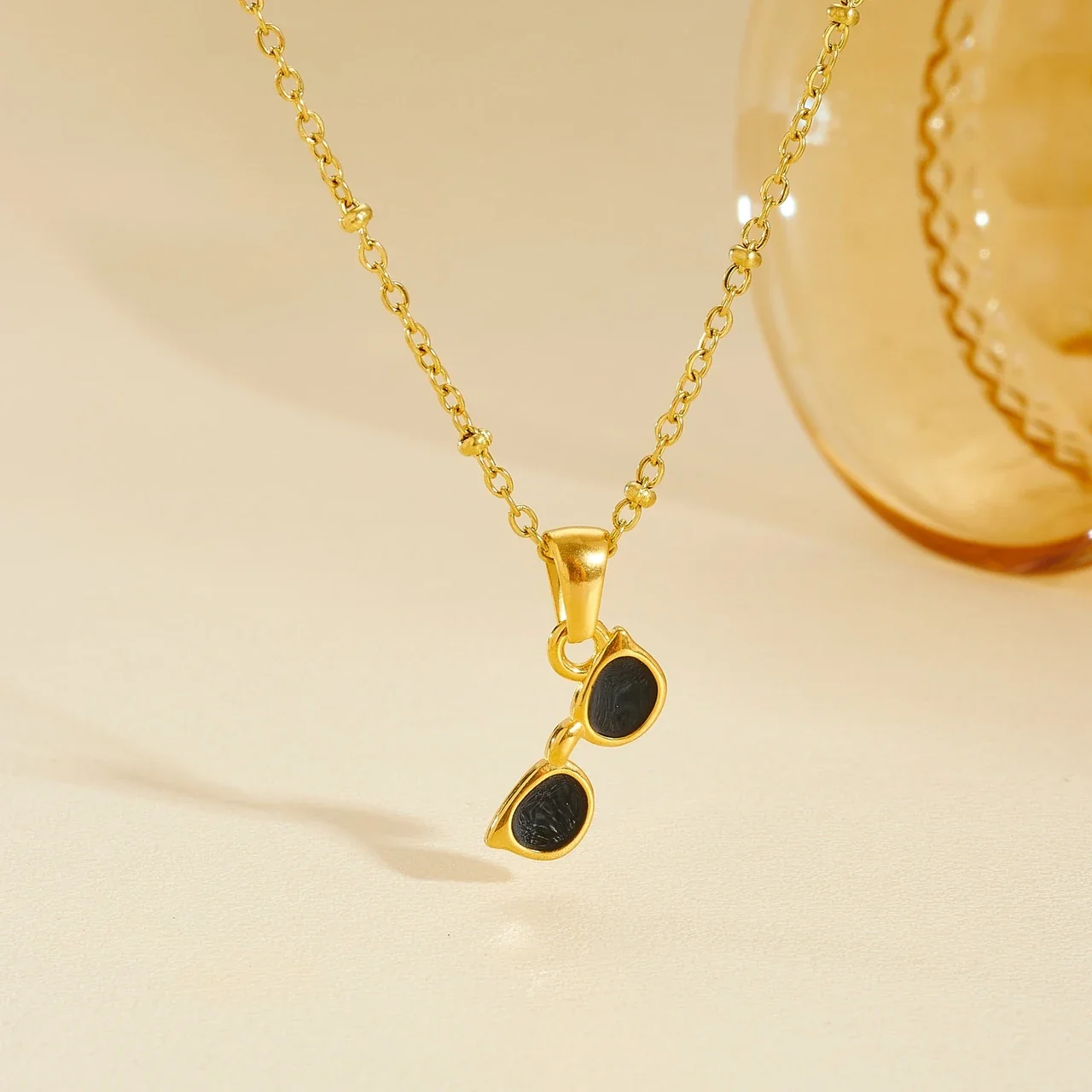 Sunglasses Pendant Necklace with Bead Chain, Gold-Plated Steel