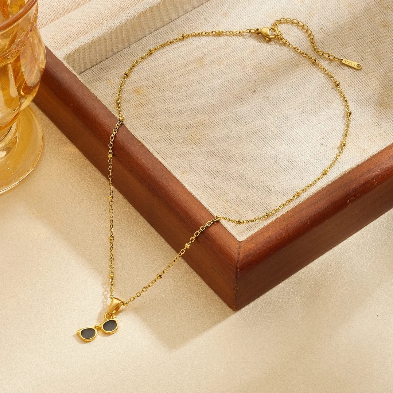 Sunglasses Pendant Necklace with Bead Chain, Gold-Plated Steel