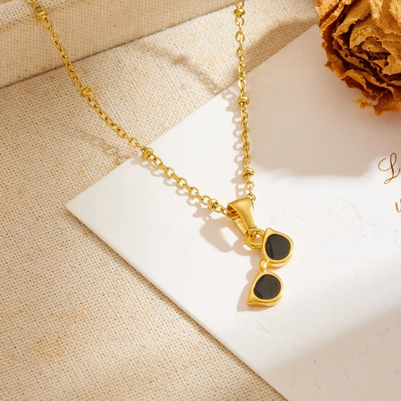 Sunglasses Pendant Necklace with Bead Chain, Gold-Plated Steel
