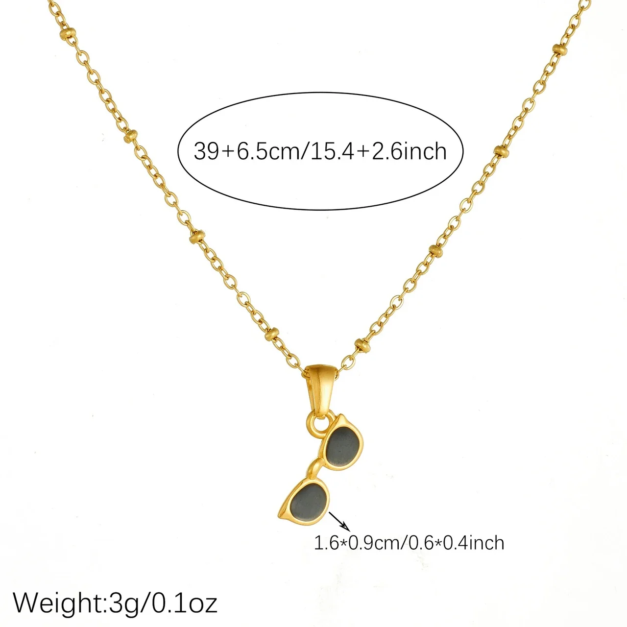 Sunglasses Pendant Necklace with Bead Chain, Gold-Plated Steel