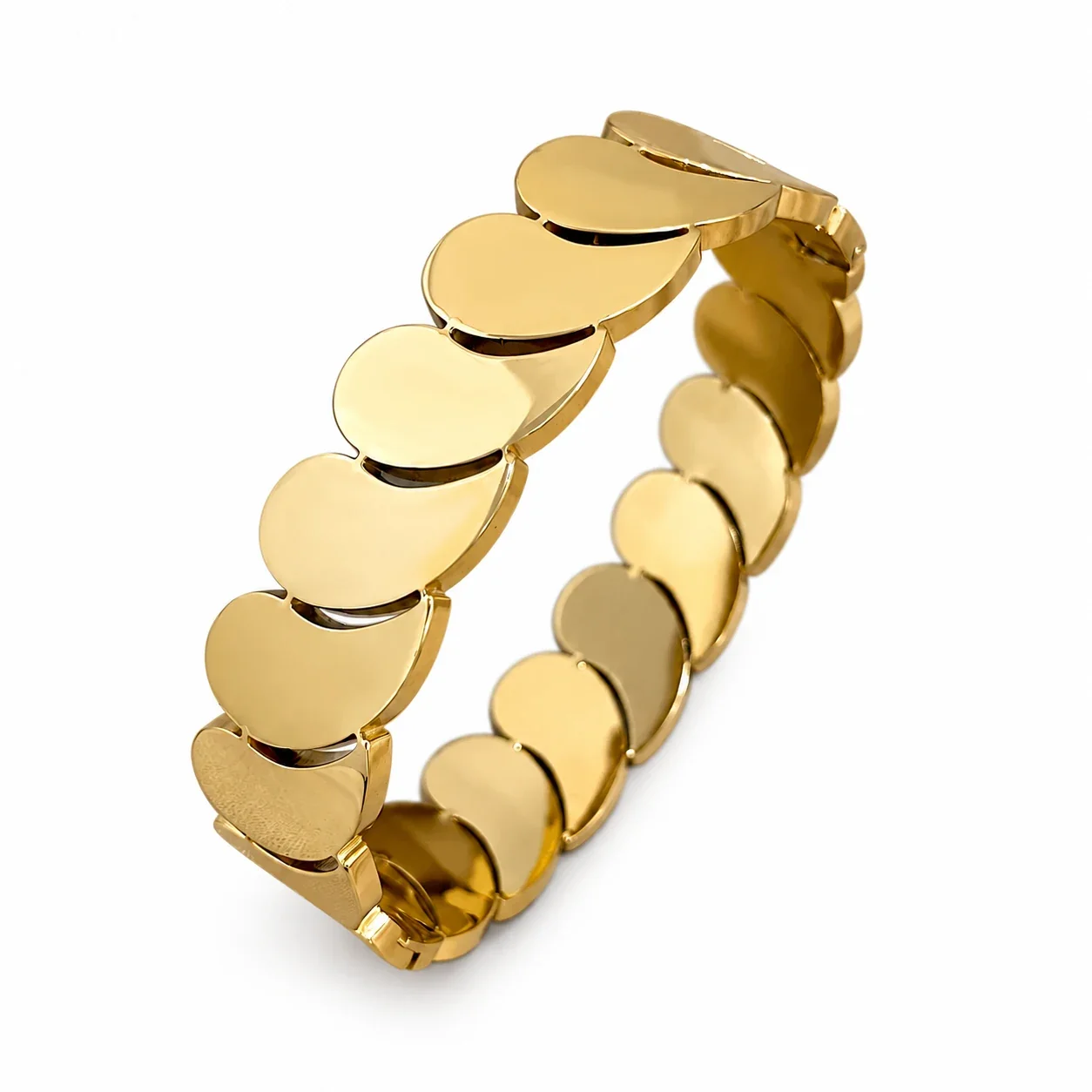 Bangle met overlappende druppelvormige schakels, verguld roestvrij staal productfoto
