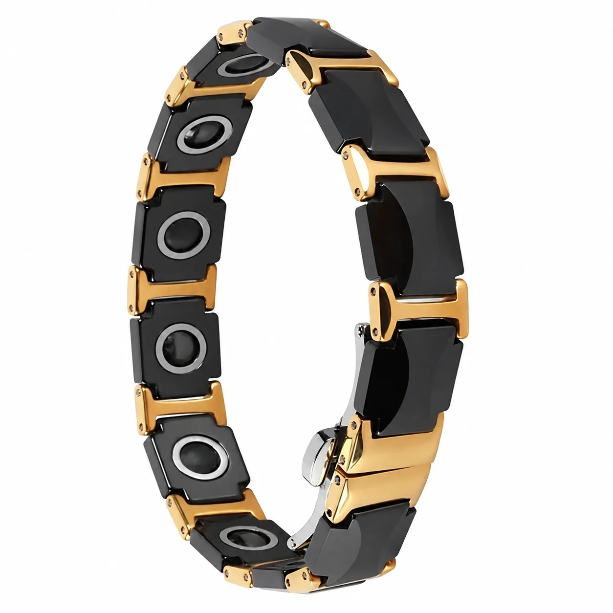 Men's Bracelet - Black Ceramic & Gold-Plated Stainless Steel