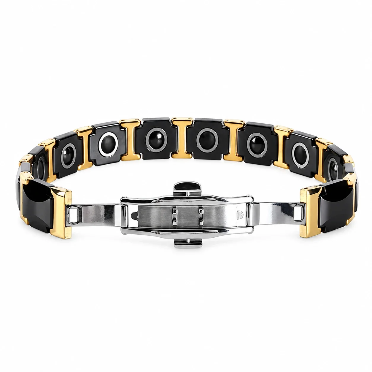 Men's Bracelet - Black Ceramic & Gold-Plated Stainless Steel