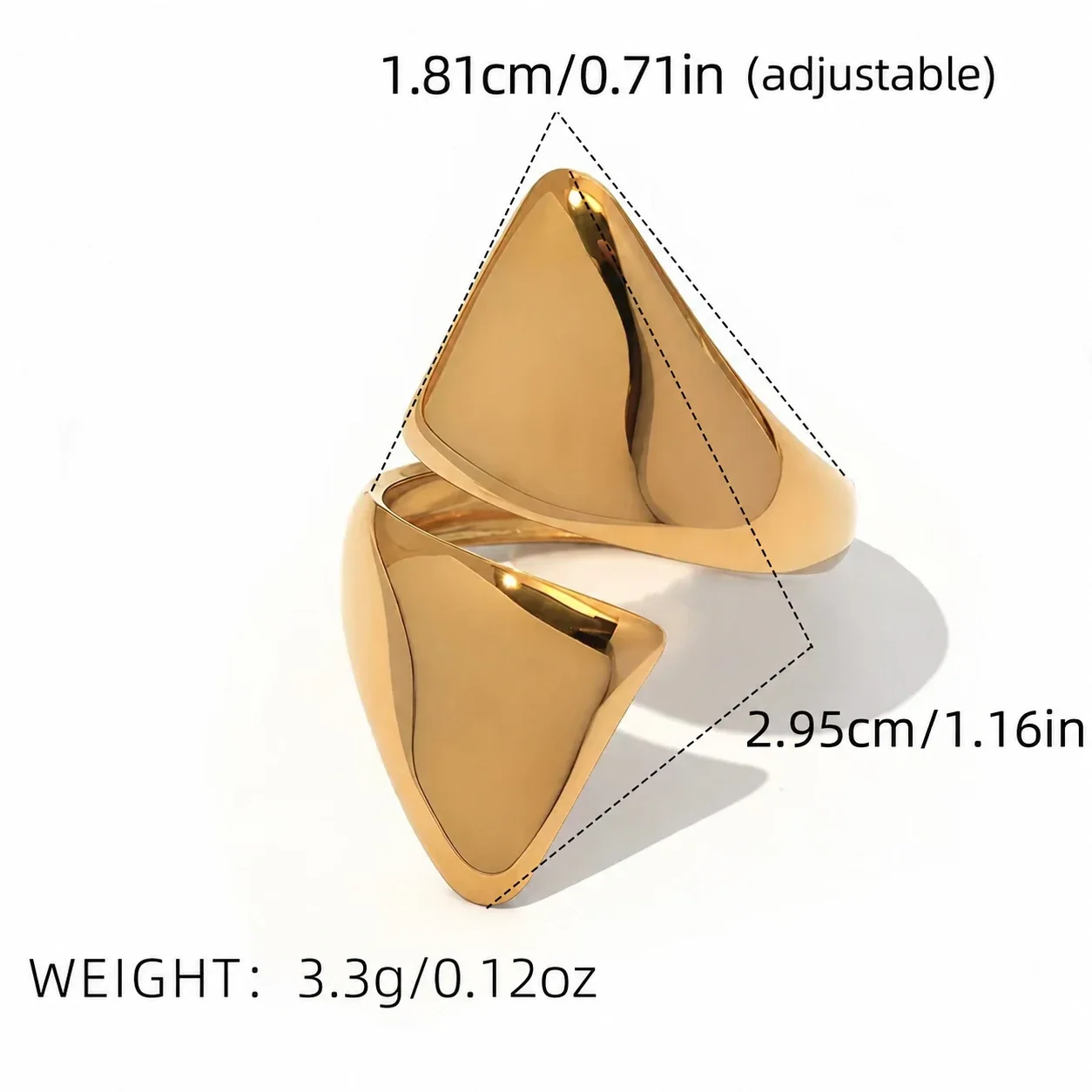 Verstelbare geometrische open ringen in goudkleurig PVD roestvrij staal productfoto