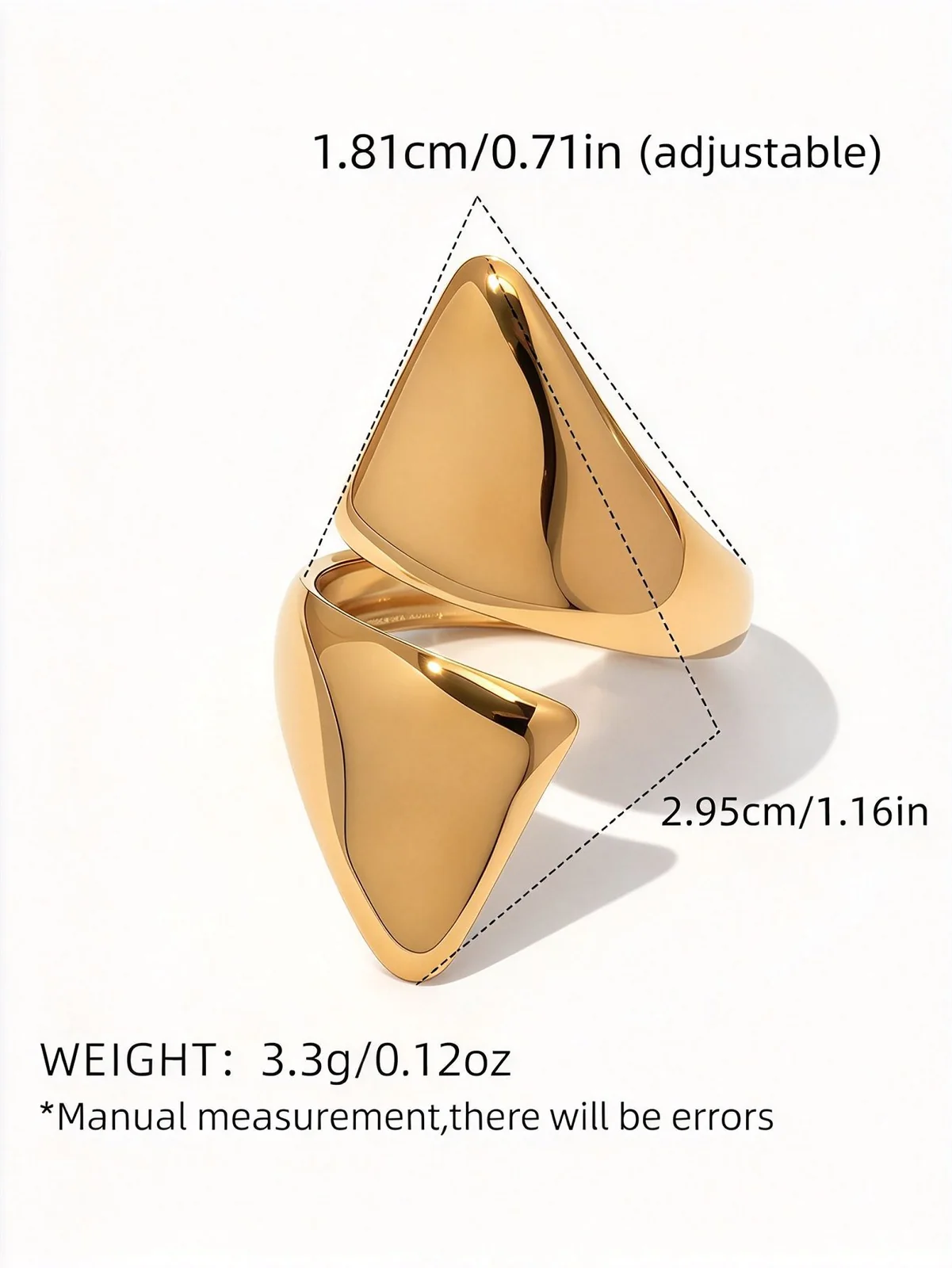Verstelbare geometrische open ringen in goudkleurig PVD roestvrij staal productfoto