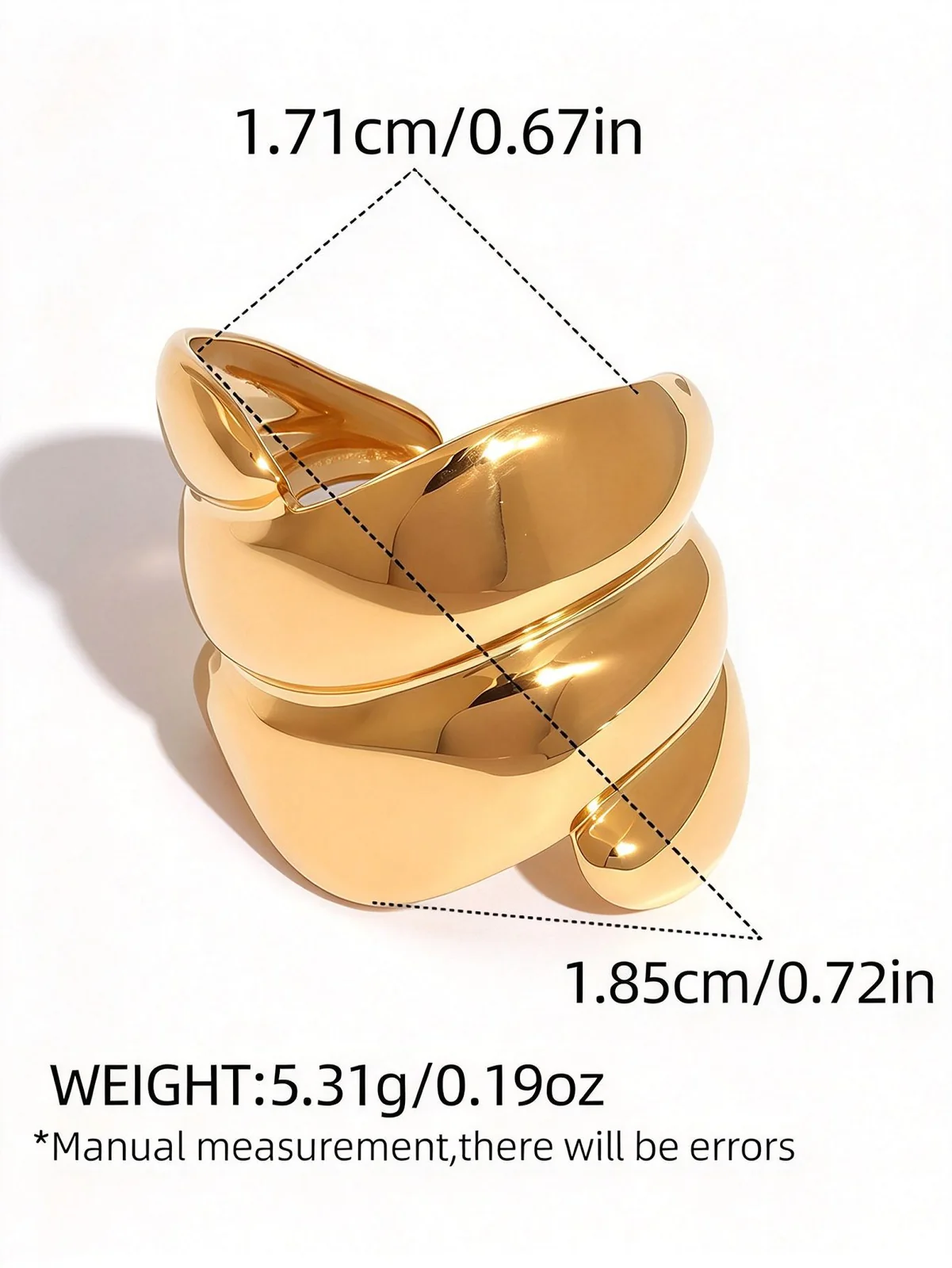 Verstelbare geometrische open ringen in goudkleurig PVD roestvrij staal productfoto