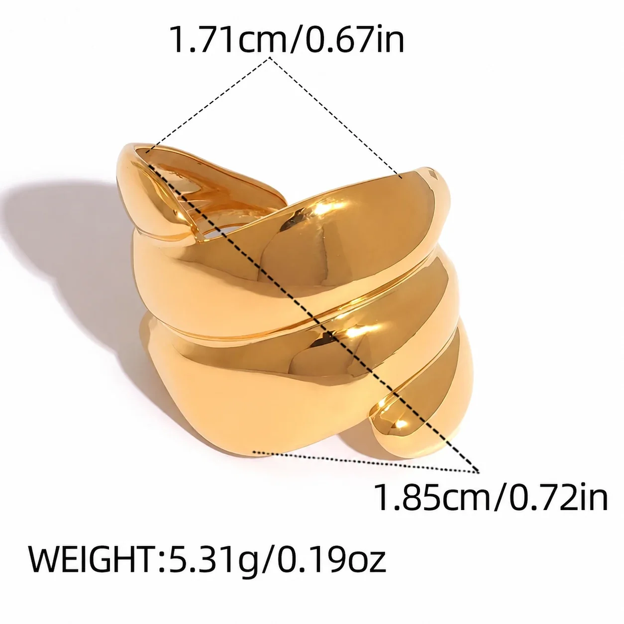 Verstelbare geometrische open ringen in goudkleurig PVD roestvrij staal productfoto