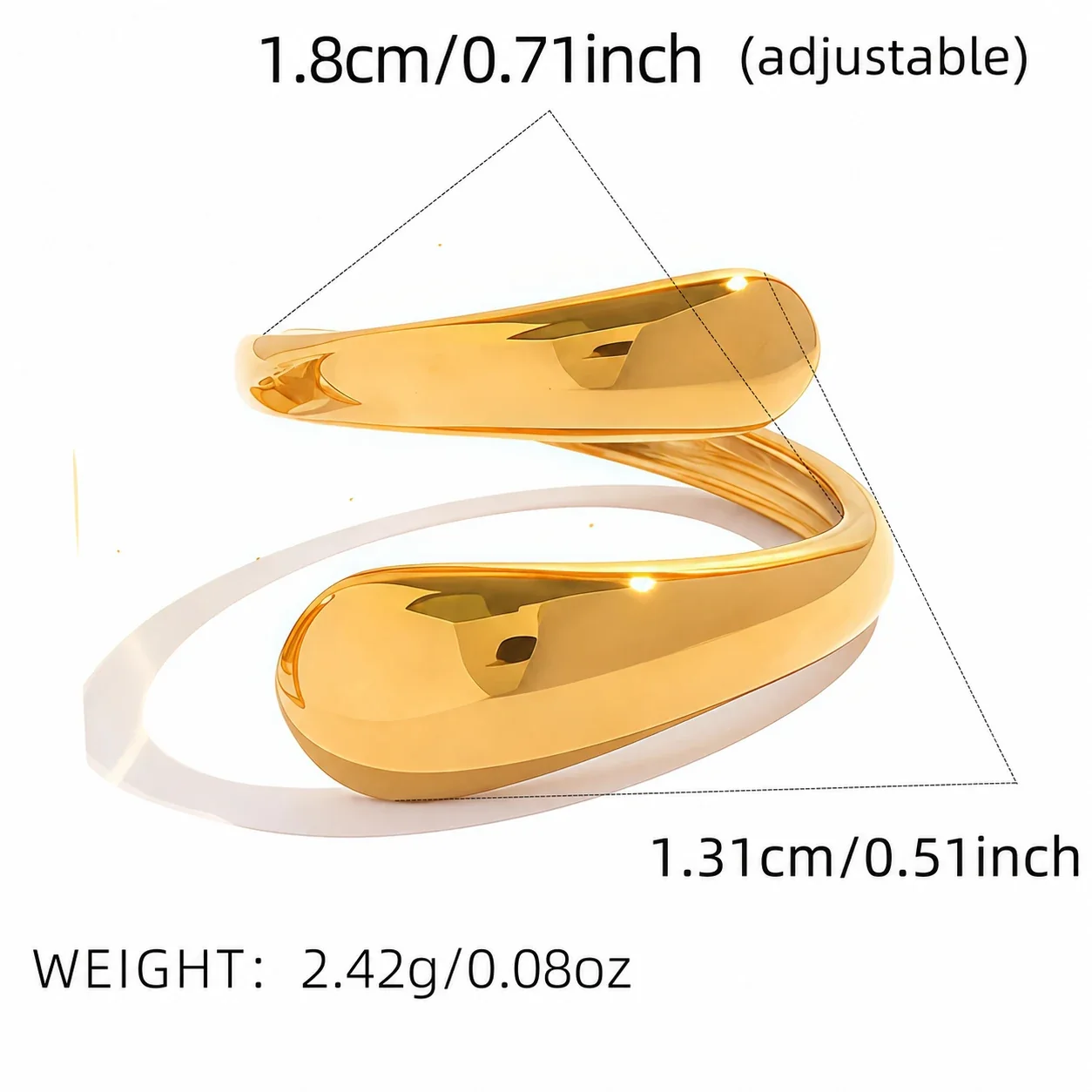 Verstelbare geometrische open ringen in goudkleurig PVD roestvrij staal productfoto