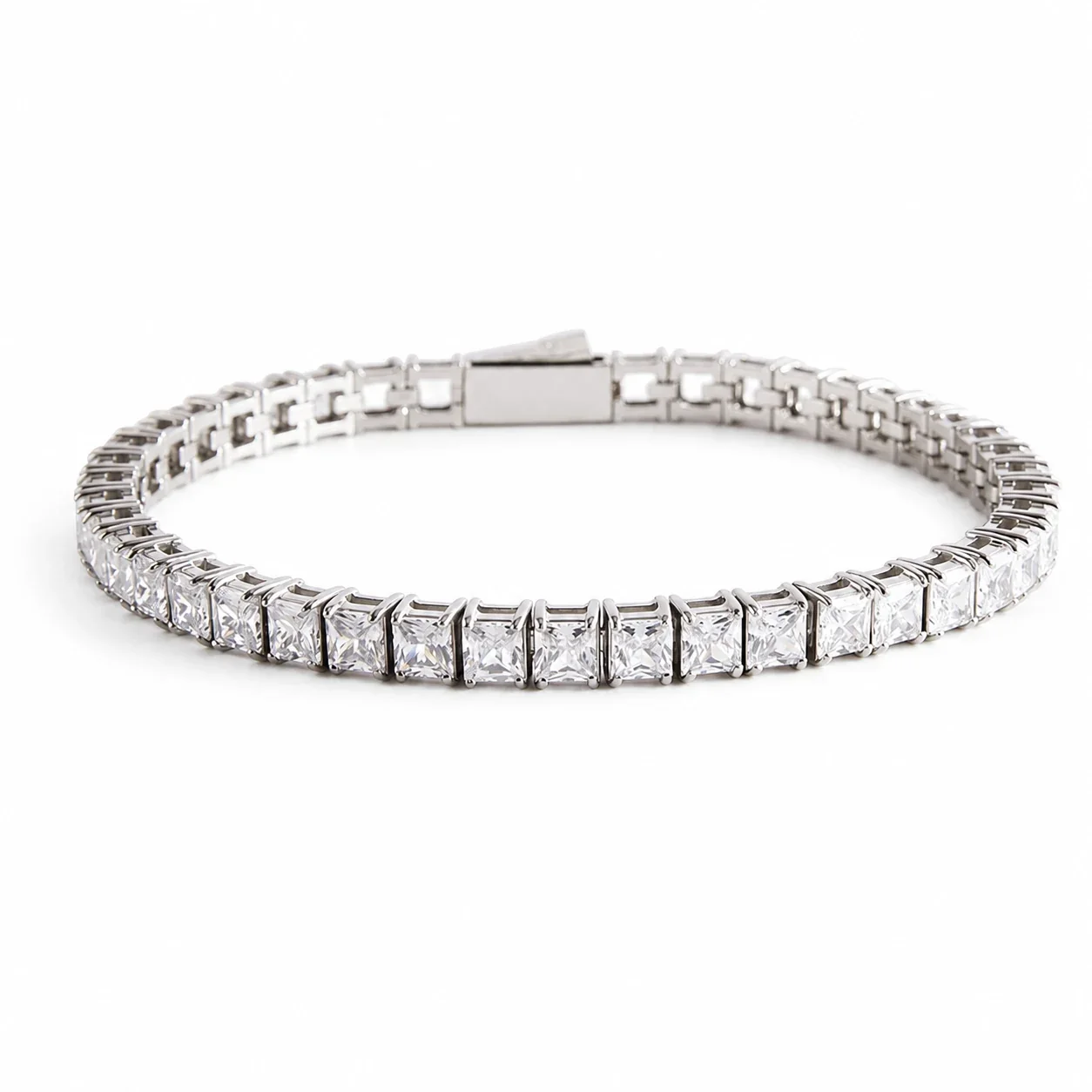 Polished 316 Stainless Steel Square CZ Tennis Bracelet