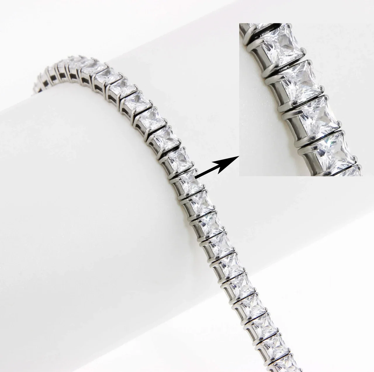 Polished 316 Stainless Steel Square CZ Tennis Bracelet