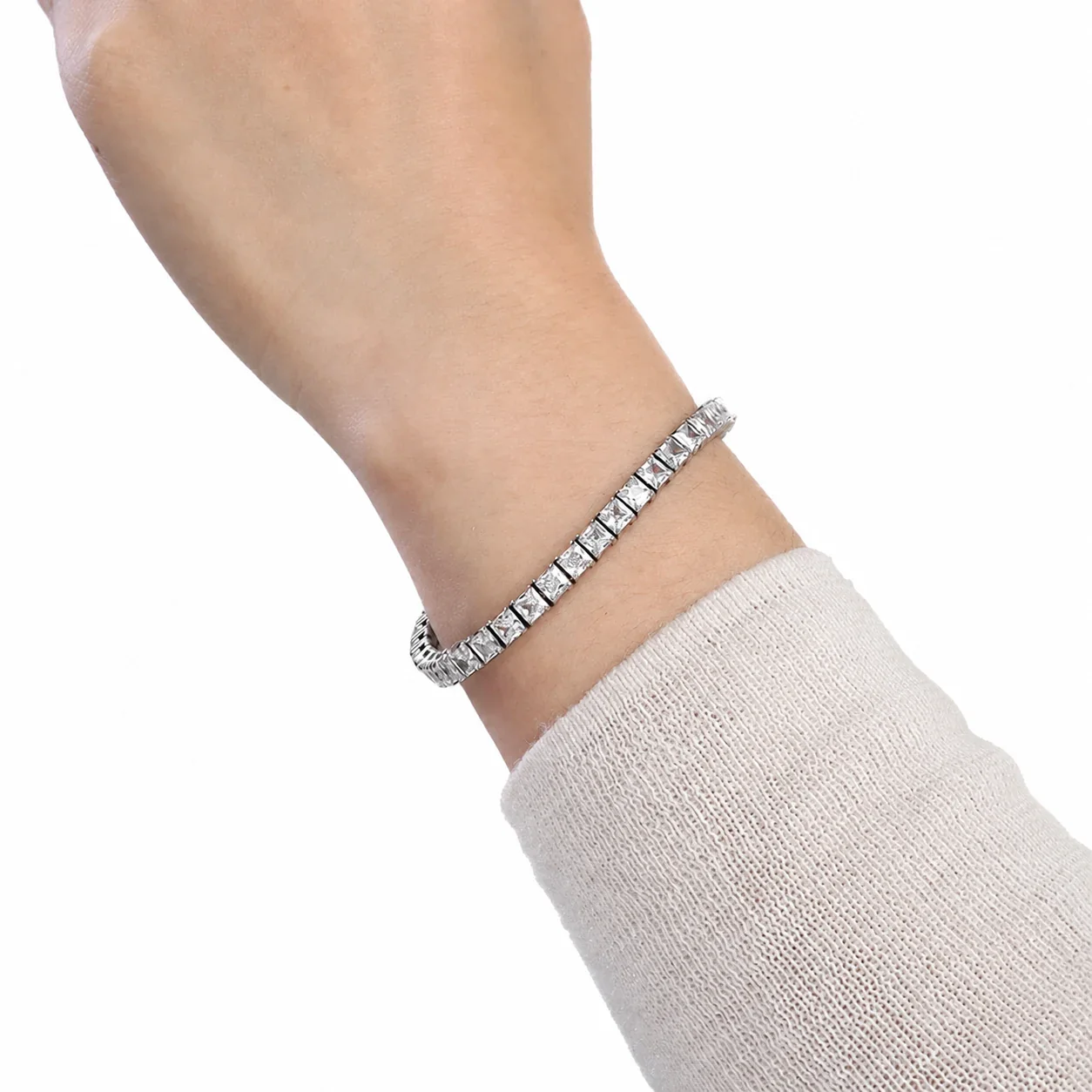 Polished 316 Stainless Steel Square CZ Tennis Bracelet